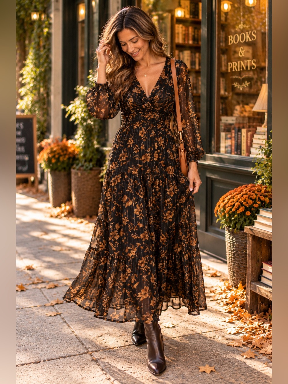 Sincerely Jules Black Floral Gold Metallic Tiered Maxi Dress | 3/4 Sleeves | L